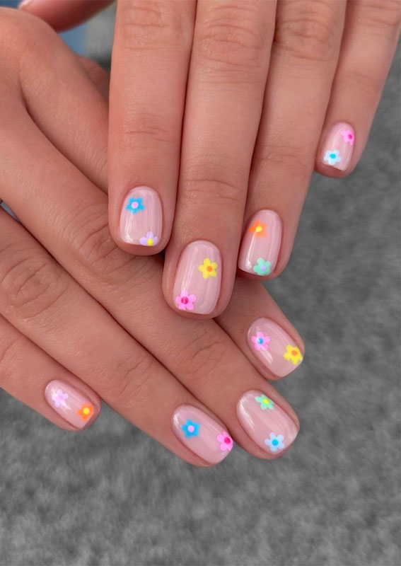 40 Awesome Spring Nail Ideas 2023 : Colourful Small Flower Natural Nails
