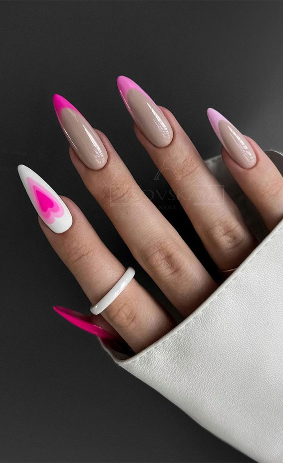 40 Awesome Spring Nail Ideas 2023 : Pink Heart + Gradient Pink Tips