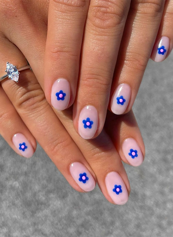 40 Awesome Spring Nail Ideas 2023 : Blue Flower Natural Nails