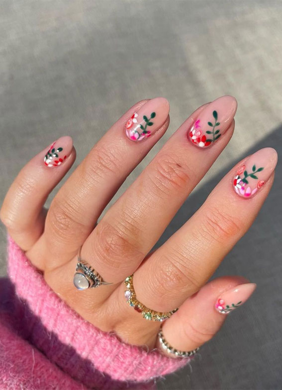 40 Awesome Spring Nail Ideas 2023 : Spring Floral Cuffs