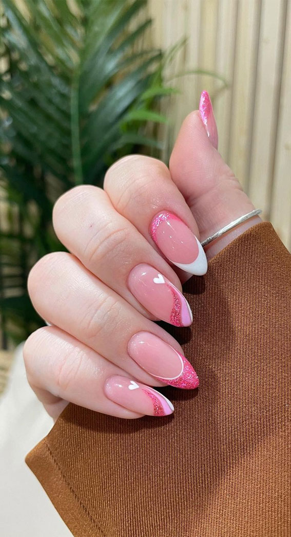 40 Awesome Spring Nail Ideas 2023 : Shimmery Pink & White Nails Design