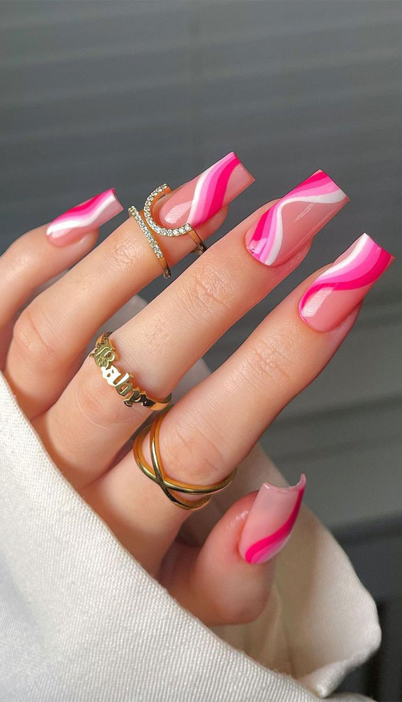 40 Awesome Spring Nail Ideas 2023 : Swirl Gradient Pink Nails