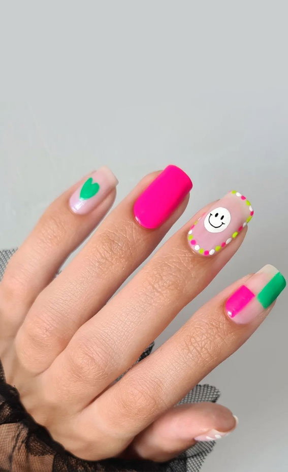 40 Awesome Spring Nail Ideas 2023 : Bright Pink & Green Nails