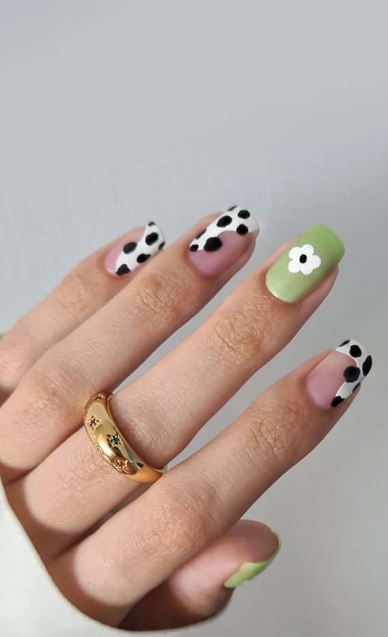 40 Awesome Spring Nail Ideas 2023 : Soft Green + Abstract Cow Print Tip Nails