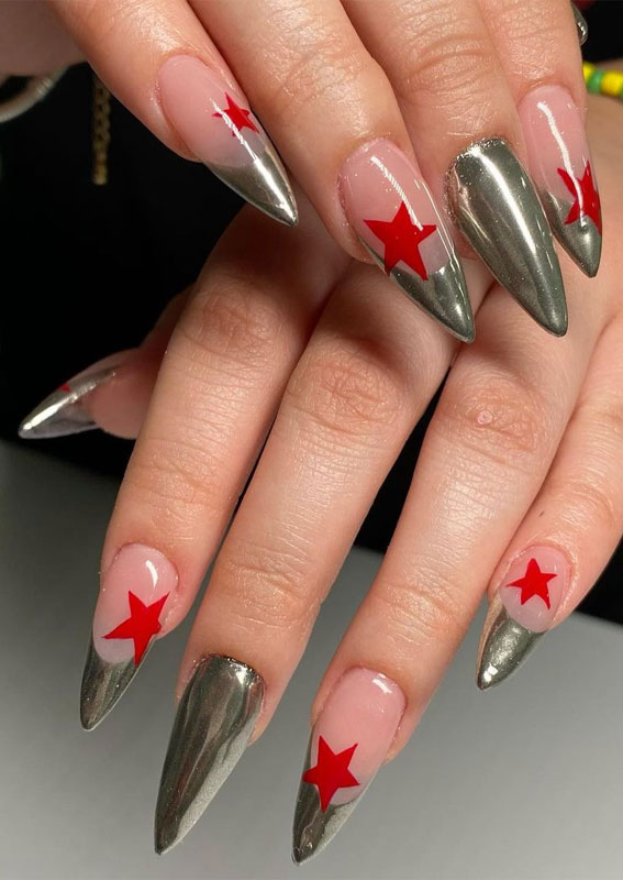 Star Nails Are Trending Now : Chrome Tips Stiletto Nails + Red Stars