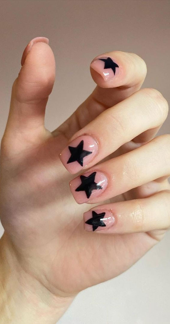 Star Nails Are Trending Now : Black Star Gel Short Nails