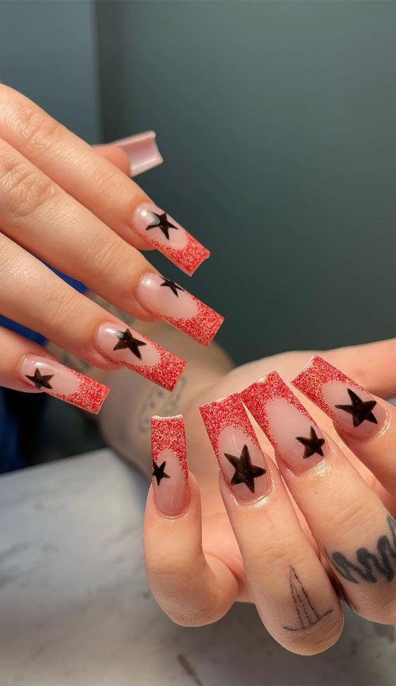 Star Nails Are Trending Now : Shimmery Red French Tips + Black Stars