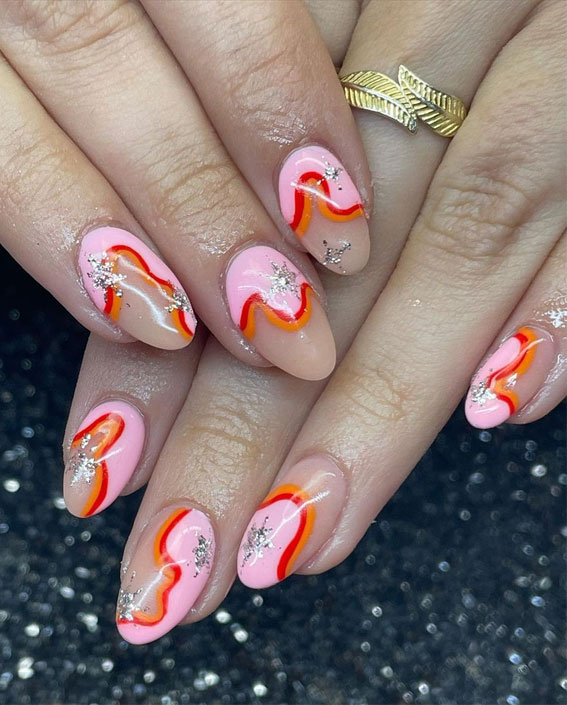 Star Nails Are Trending Now : Layered of Pink, Orange & Red + Silver Stars