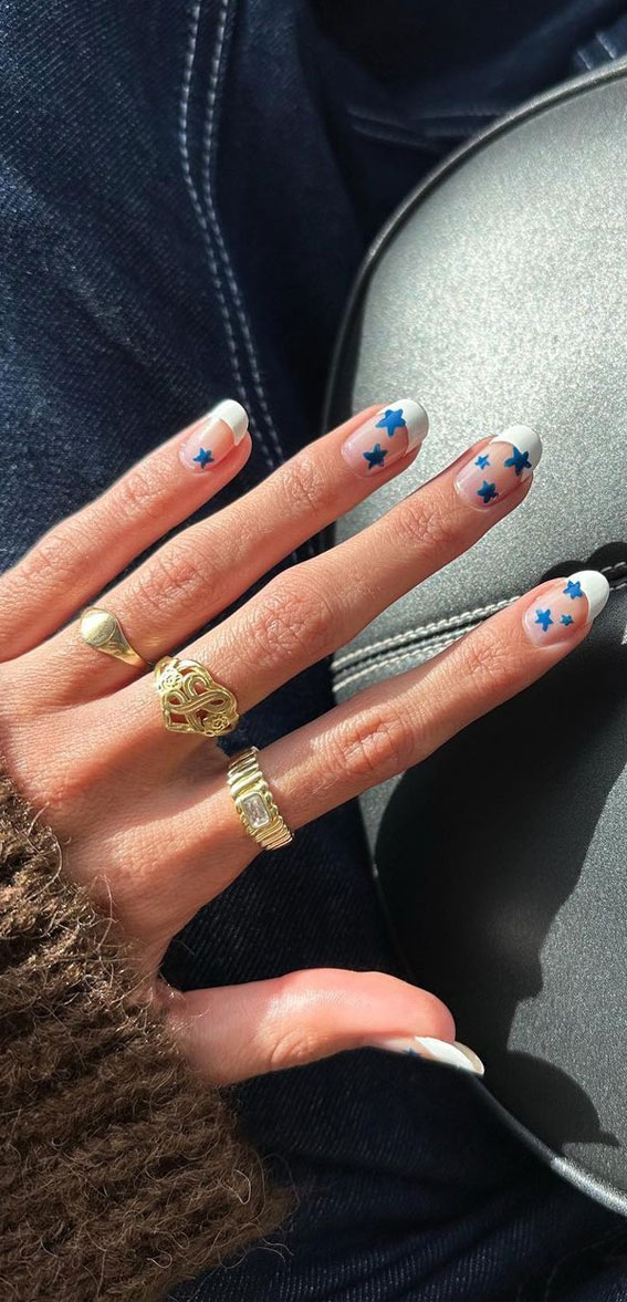 Star Nails Are Trending Now : White French + Blue Stars