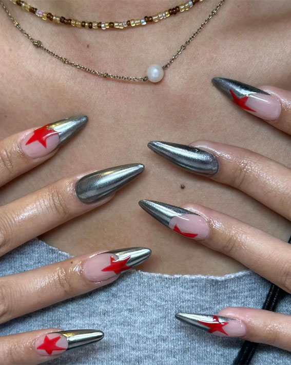 Star Nails Are Trending Now : Red Stars + Chrome Nails