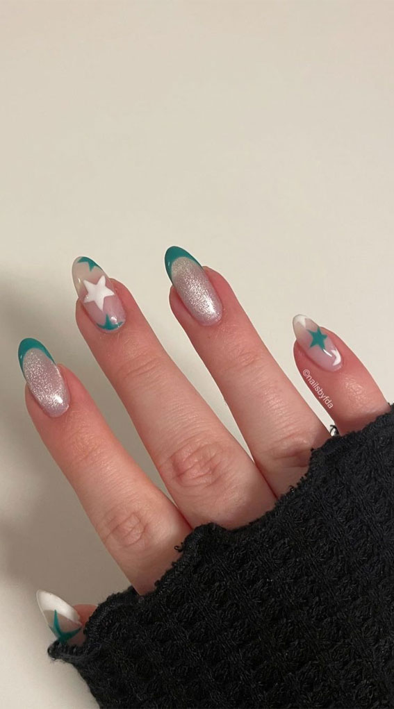 Star Nails Are Trending Now : Green Tips Shimmery Nails + Stars
