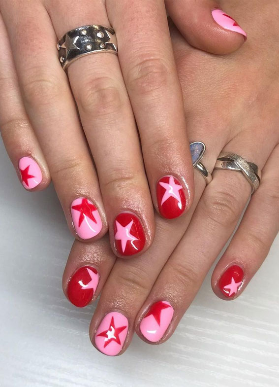 Star Nails Are Trending Now : Pink & Red Star Nails