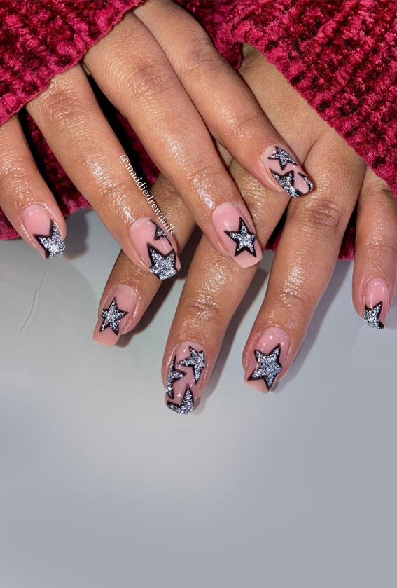 Star Nails Are Trending Now : Glitter Star Nude Nails