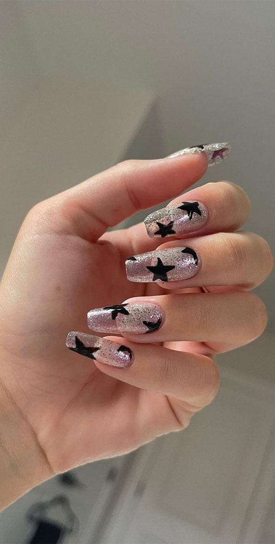 Star Nails Are Trending Now : Shimmery Nails + Black Stars