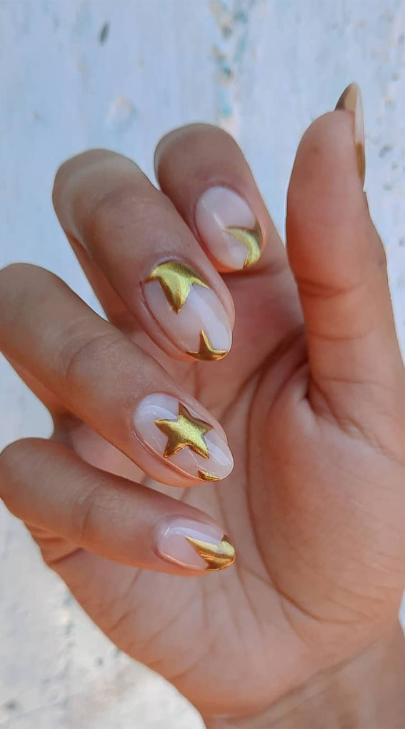 Star Nails Are Trending Now : Big Gold Star Milky Nails