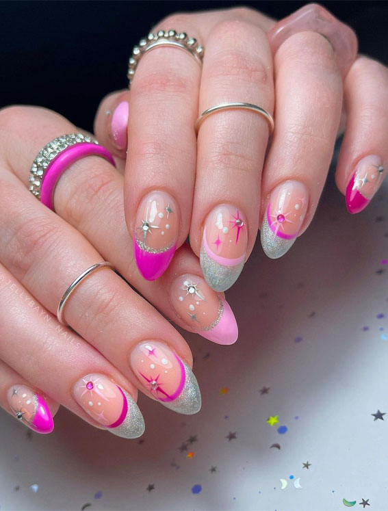 Star Nails Are Trending Now : Shades of Pink + Silver Tips + Starburst