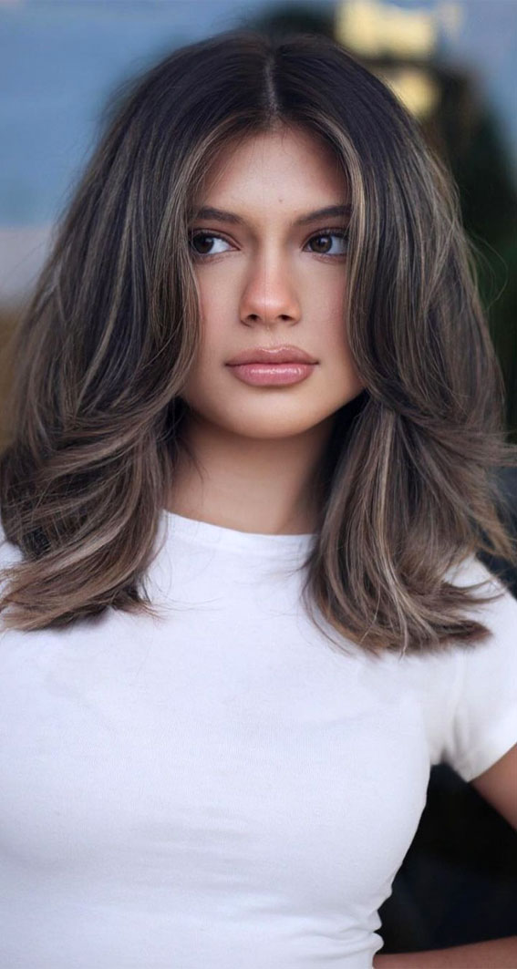 50+ Brunette + Brown Hair Colours & Hairstyles : Brunette Lob Cut with Curtain Bangs