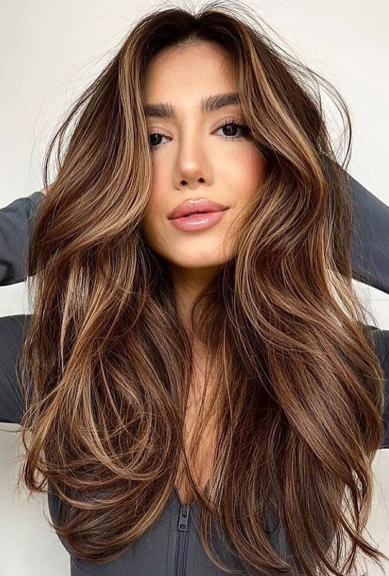 50+ Brunette + Brown Hair Colours & Hairstyles : Toffee Brown with Blonde Highlights