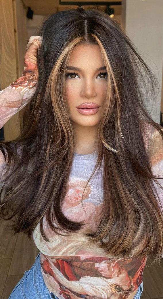 50+ Brunette + Brown Hair Colours & Hairstyles : Brunette with Honey Blonde Money Piece
