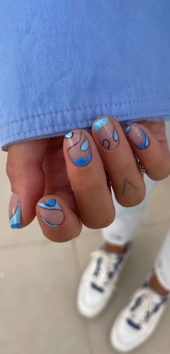 45 Pretty Short Nails For Spring & Summer : Abstract Blue Nails
