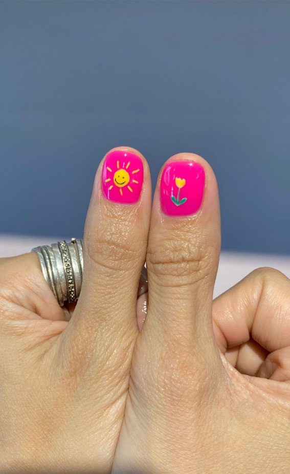 45 Pretty Short Nails For Spring & Summer : Happy Sun + Yellow Tulip Pink Nails