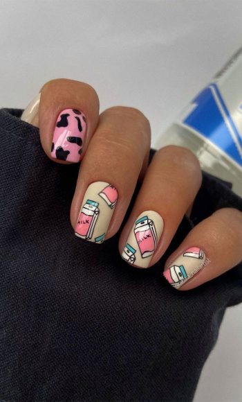 45 Pretty Short Nails For Spring & Summer : Cow Print Milk Nails