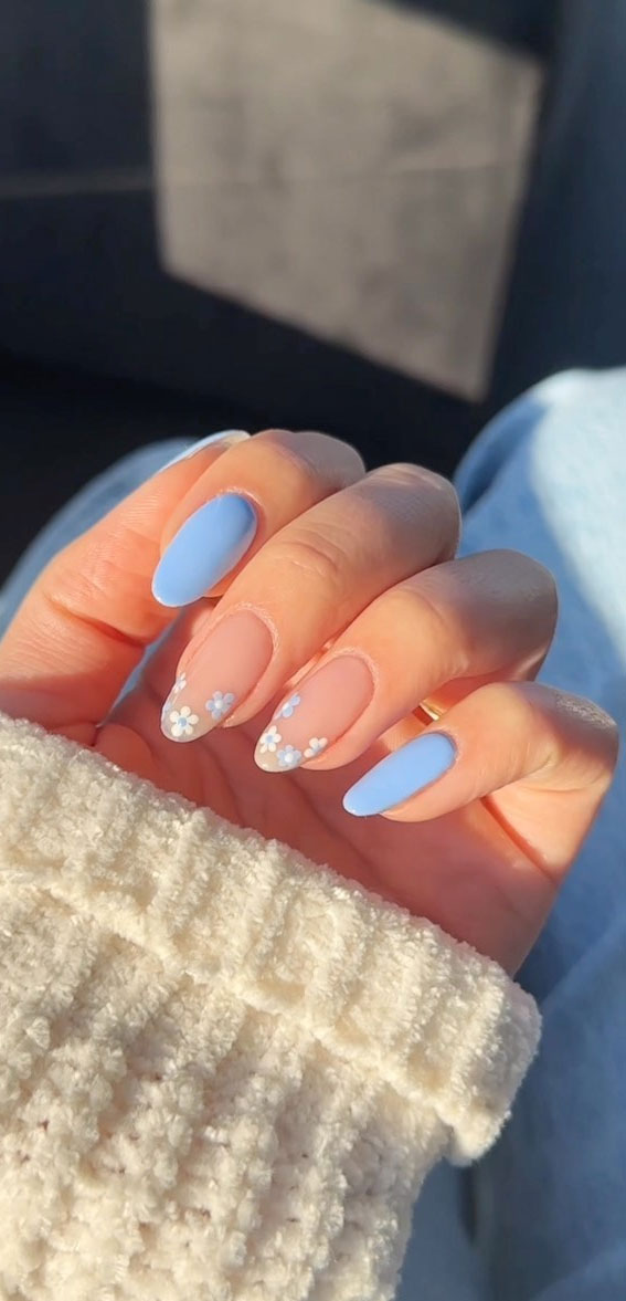 Your Nails Deserve These Floral Designs : Light Blue & White Floral Nails