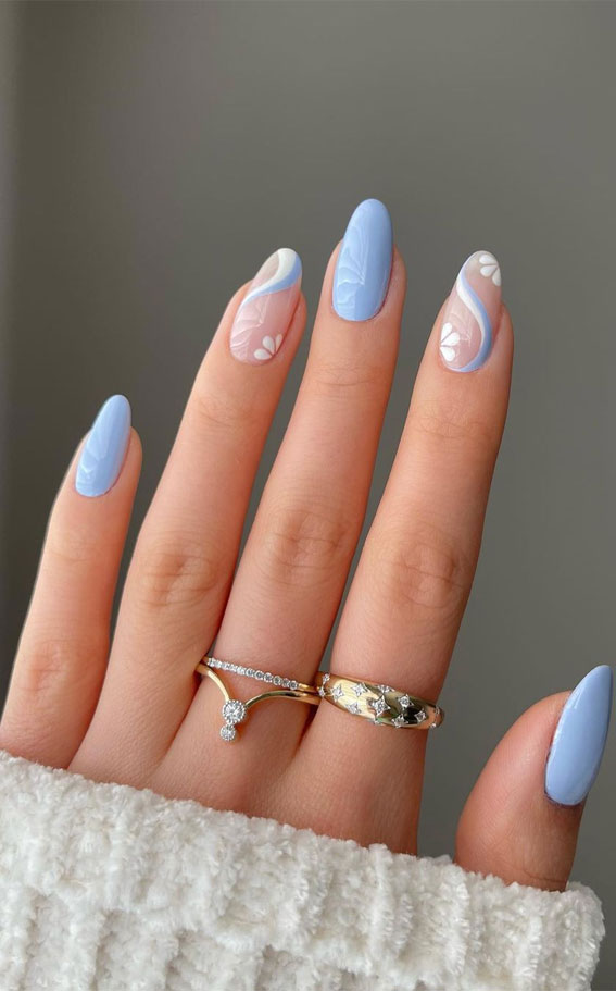 Your Nails Deserve These Floral Designs : White Floral + Blue & White Swirl Nails