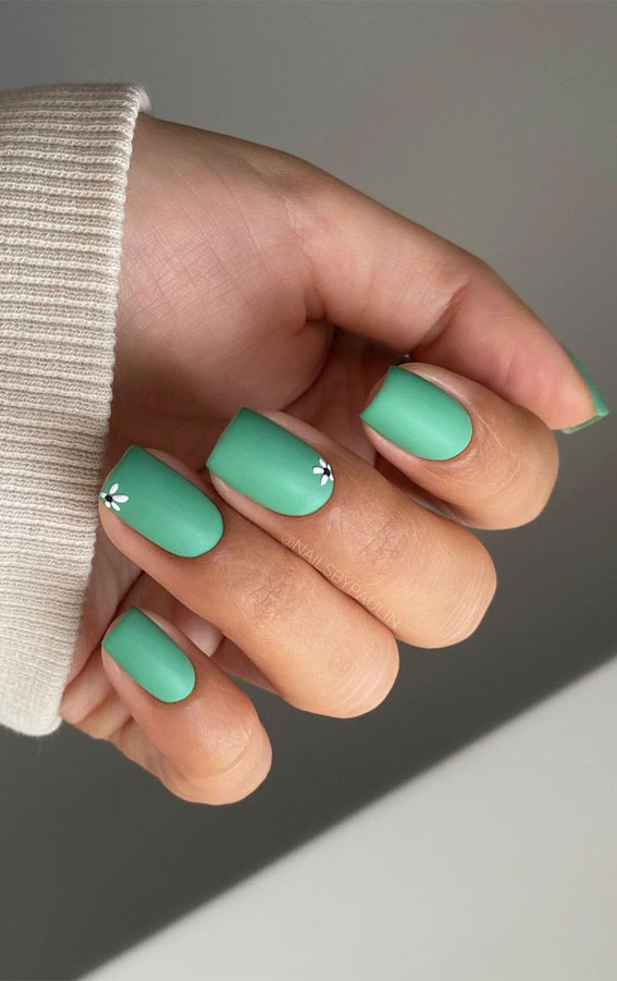 Your Fingers Deserve These Floral Designs : Matte Green Nails with Flower