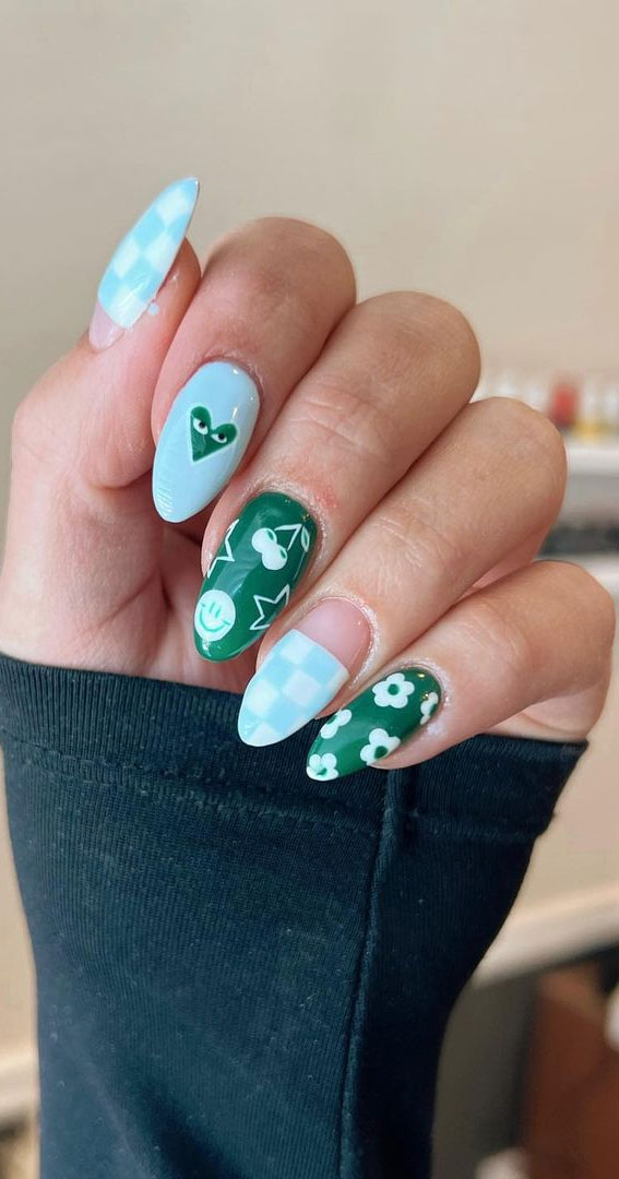 Your Nails Deserve These Floral Designs : Light Blue & Emerald Green Nails