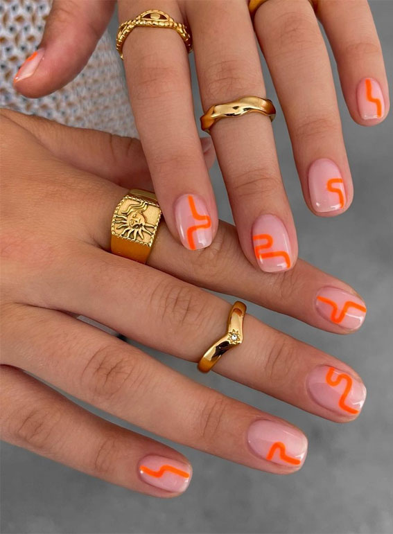 50 Best Summer Nails To Try in 2023 : Orange Abstract Squiggles