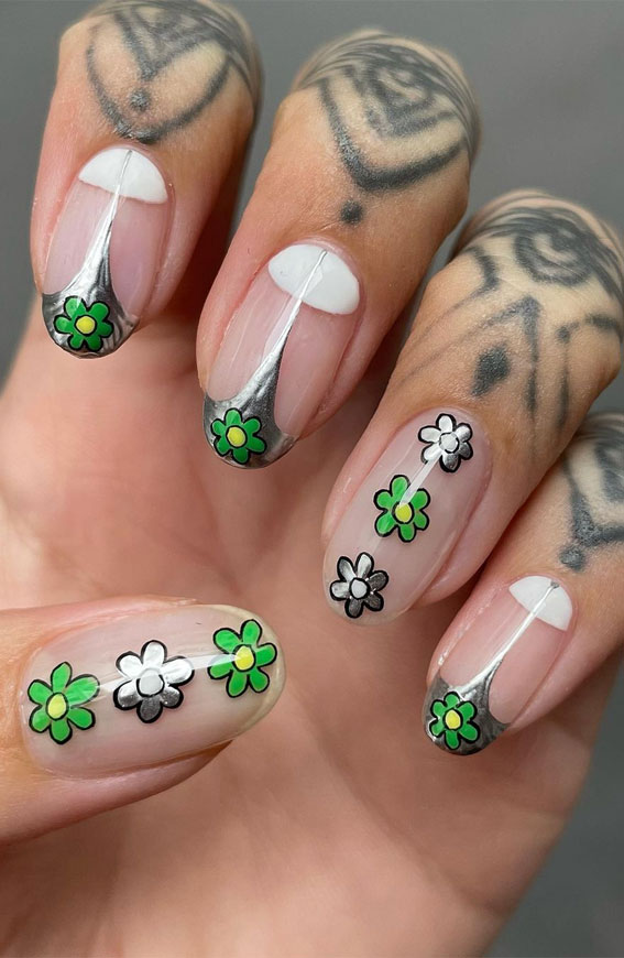 50 Best Summer Nails To Try in 2023 : Green & Silver Flower Nails