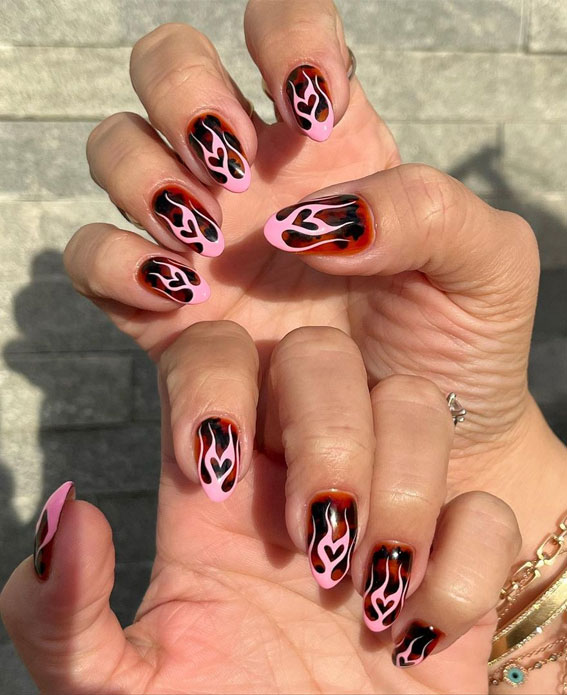 50 Best Summer Nails To Try in 2023 : Pink Hot Flame Tortoiseshell Nails