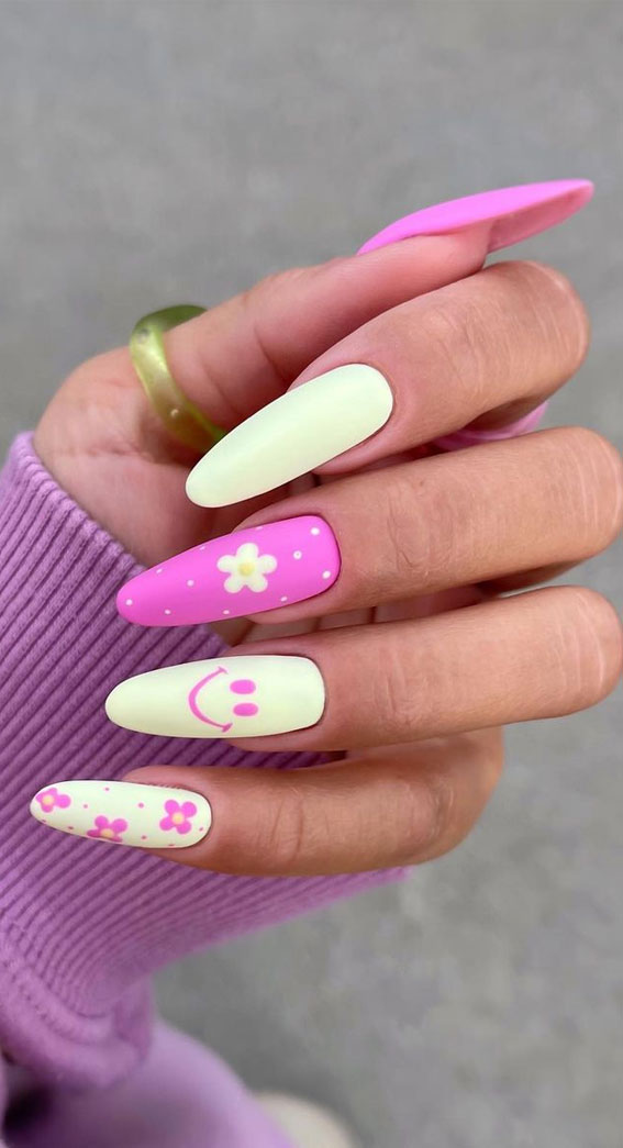 50 Best Summer Nails To Try in 2023 : Pink and White Flower Almond Nails