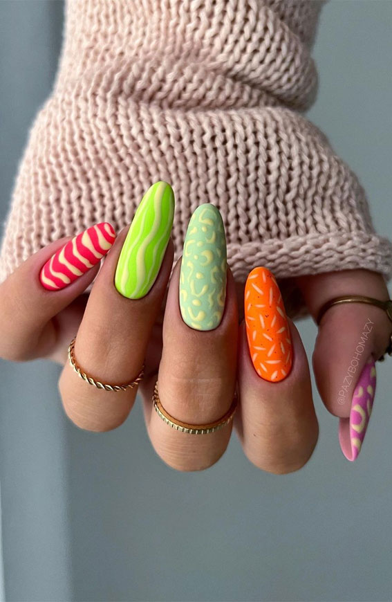 50 Best Summer Nails To Try in 2023 : Matte Neon Almond Nails