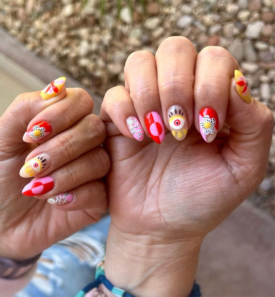 50 Best Summer Nails To Try in 2023 : Red & Yellow Retro Nails