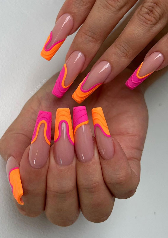50 Best Summer Nails To Try in 2023 : Orange & Pink Abstract Tip Nails