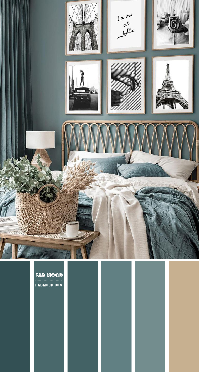 blue teal bedroom, bedroom colour scheme, blue teal color palette, blue teal and sand color combo