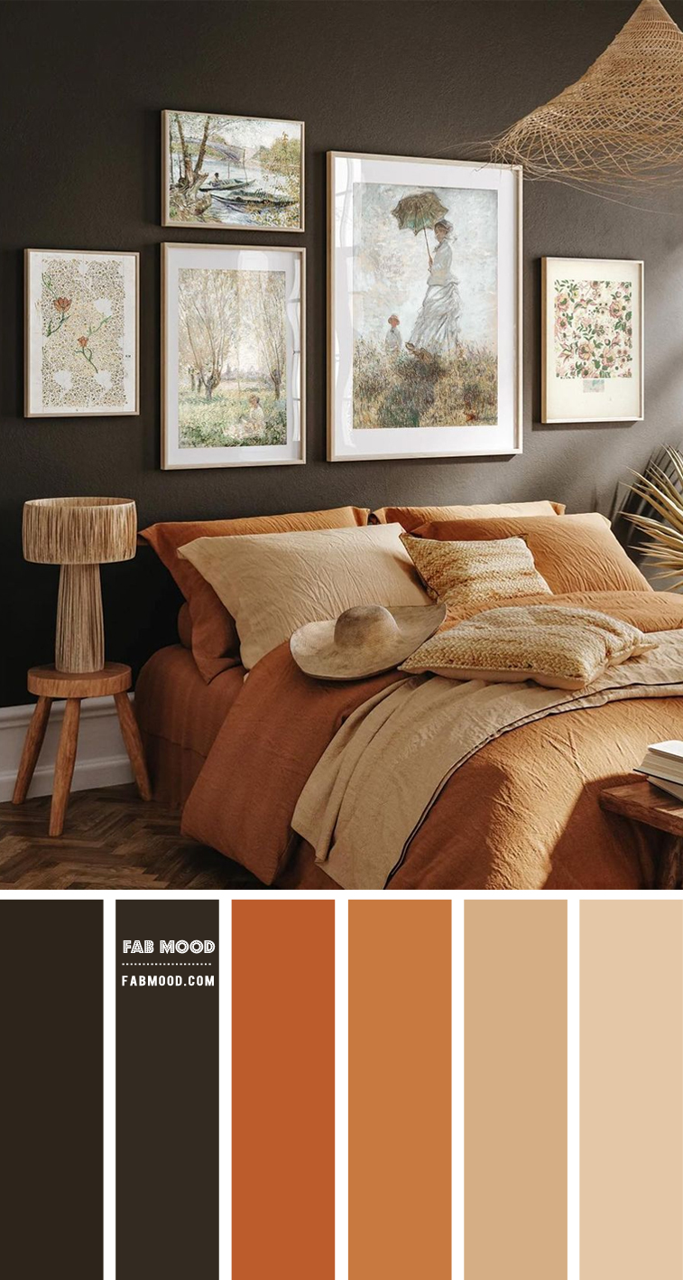 bedroom color scheme, dark bedroom color ideas, bedroom color combo, charcoal and terracotta bedroom, black and terracotta bedroom color, charcoal and beige bedroom