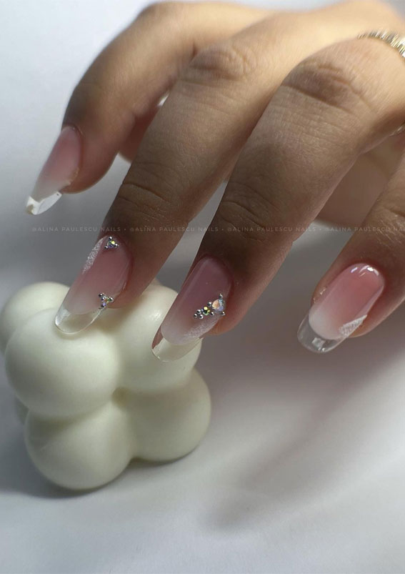 French Glass Nails That’re Sophisticated and Understated : Pink Nails + Rhinestones