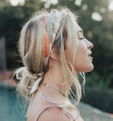 50+ Cute Hairstyles For Any Occasion : Hair Scarf Wrapped Head Band and Messy Bun