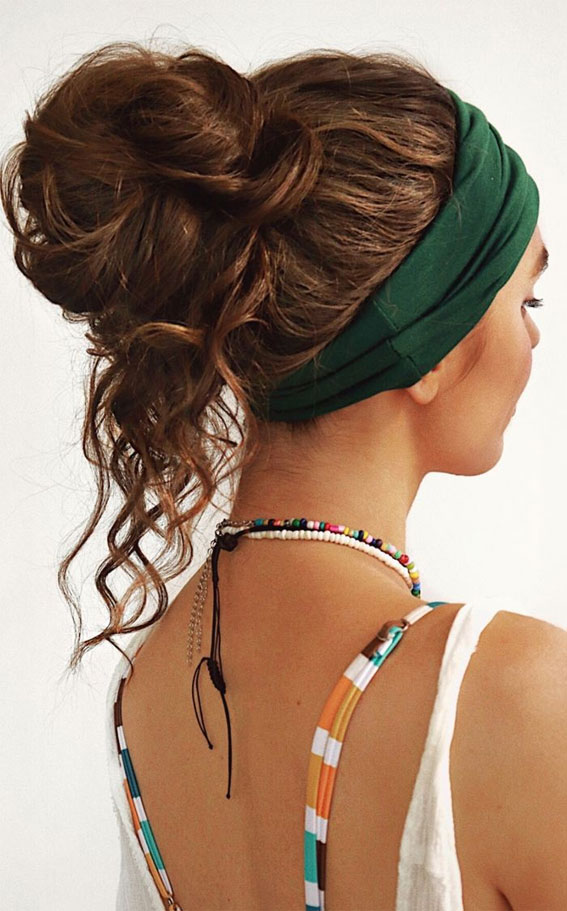 50+ Cute Hairstyles For Any Occasion : Messy Bun Wrapped with Green Scarf