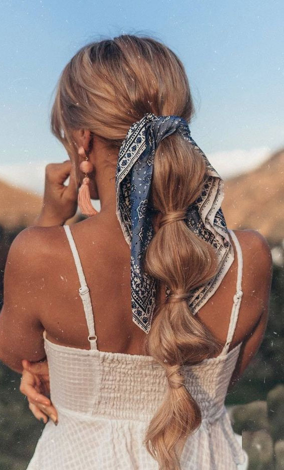 50+ Cute Hairstyles For Any Occasion : Bubble Braid Pony + Blue Paisley Scarf