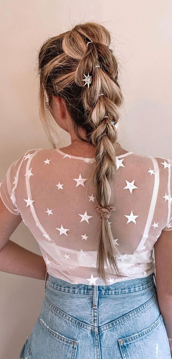 Cute Hairstyles That’re Perfect For Warm Weather : Pull Through Braid + Gem Star Hair Pins