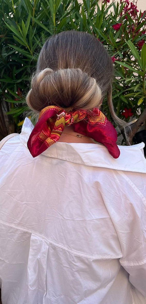 Cute Hairstyles That’re Perfect For Warm Weather : Cute Bun Tied With Scarf