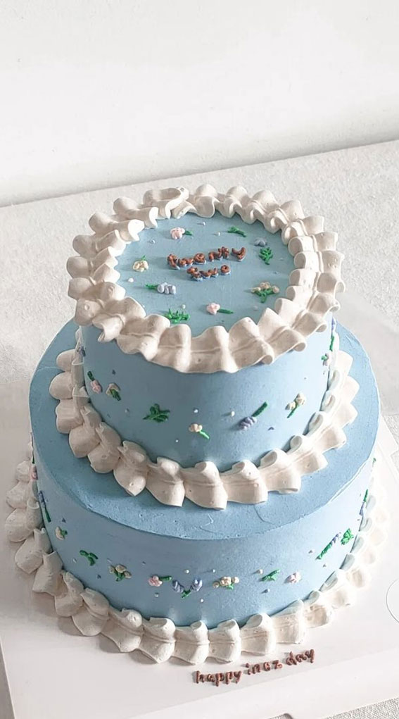 50+Cute Minimalist Buttercream Cakes : Blue Two-Tier Vintage Cake