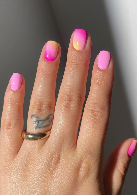 50+ Cute Summer Nail Designs : Ombre Pink & Yellow