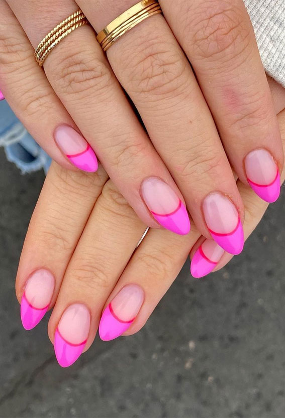 50+ Cute Summer Nail Designs : Bright Pink & Orange Double French Manis