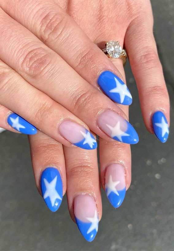 50+ Cute Summer Nail Designs : White Star Blue Nails