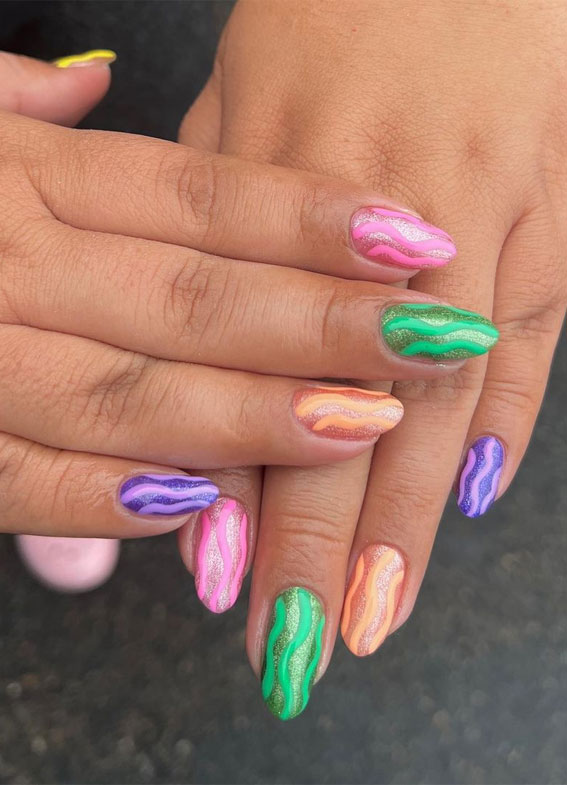 50+ Cute Summer Nail Designs : Colourful Swirl Glitter Background